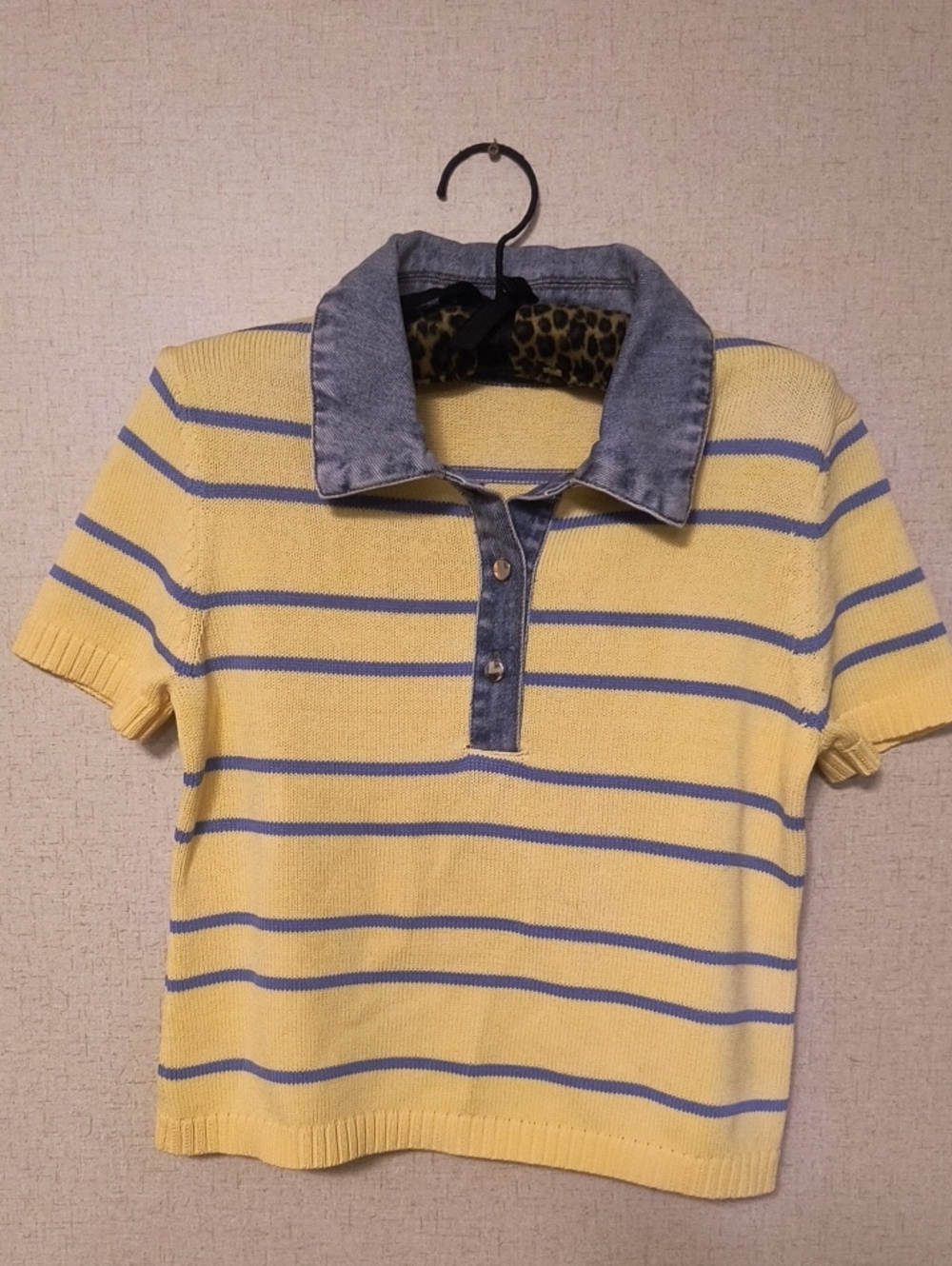 Yellow Striped Polo Top with Denim Collar